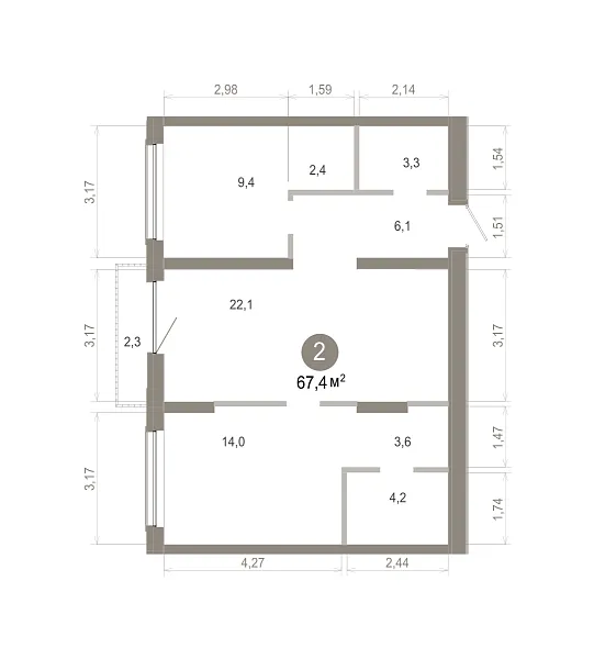 Количество комнат: 2,  67.38 кв.м.