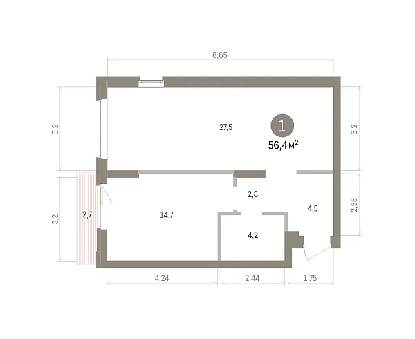 Количество комнат: 1,  56.4 кв.м.
