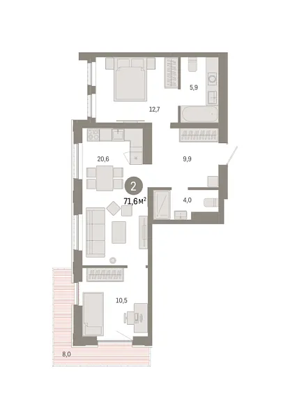 Новая 2-к квартира
 71.57 м² на 9/25 этаже в ЖК «Октябрьский на Туре» в городе Тюмень 