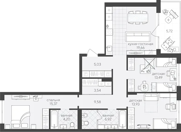 Новая 3-к квартира
 97.44 м² на 4/4 этаже в ЖК «Скандиа. Квартал у Озера» в городе Тюмень 