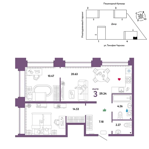 Новая 3-к квартира
 59.34 м² на 29/31 этаже в ЖК «Звёздный» в городе Тюмень 