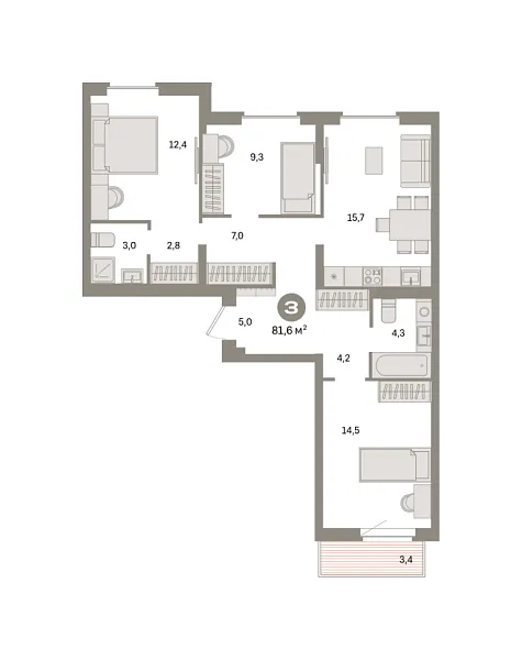 Новая 3-к квартира
 81.6 м² на 5/9 этаже в ЖК «Квартал «Депо»» в городе Тюмень 