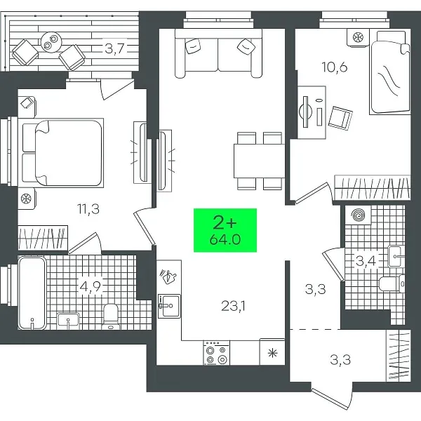 Количество комнат: 2,  64.06 кв.м.