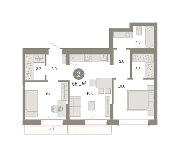 Новая 2-к квартира
 59.11 м² на 7/8 этаже в ЖК «Октябрьский на Туре» в городе Тюмень 