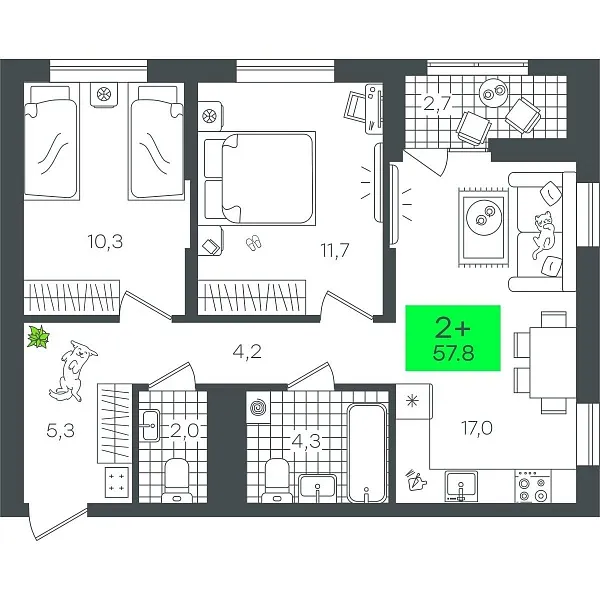 Количество комнат: 2,  57.84 кв.м.
