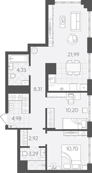 Новая 2-к квартира
 66.72 м² на 10/24 этаже в ЖК «Скандиа. Квартал в Слободе» в городе Тюмень 