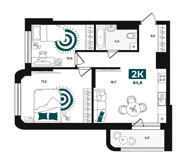 Новая 2-к квартира
 64.8 м² на 3/23 этаже в ЖК «Добро» в городе Тюмень 