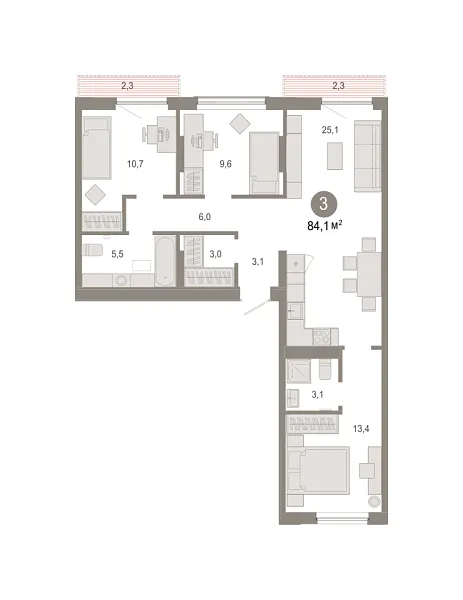 Новая 3-к квартира
 84.13 м² на 6/9 этаже в ЖК «Октябрьский на Туре» в городе Тюмень 
