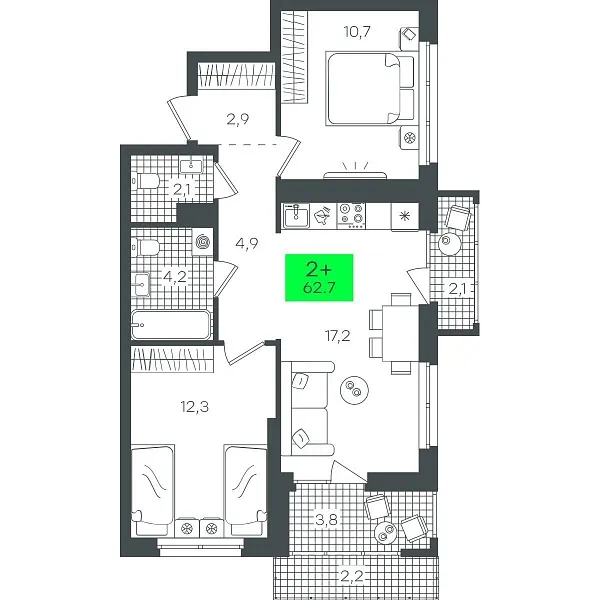 Количество комнат: 2,  62.79 кв.м.