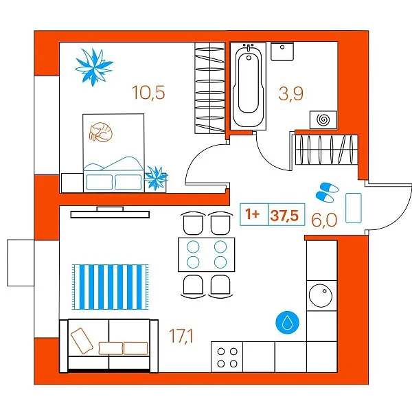 Количество комнат: 1,  37.5 кв.м.