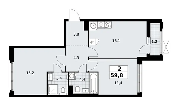 Новая 2-к квартира
 59.8 м² на 9/14 этаже в ЖК «Прокшино» в городе Тюмень 