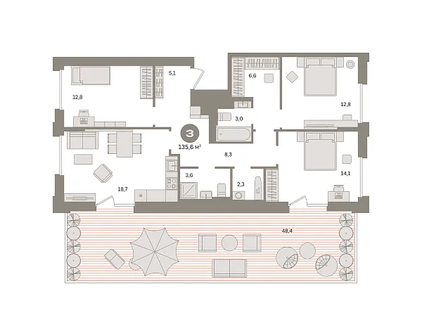 Новая 3-к квартира
 135.56 м² на 2/17 этаже в ЖК «Квартал Герцена» в городе Тюмень 