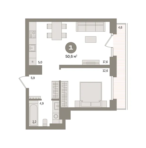 Новая 1-к квартира
 50.6 м² на 7/9 этаже в ЖК «Речной порт» в городе Тюмень 