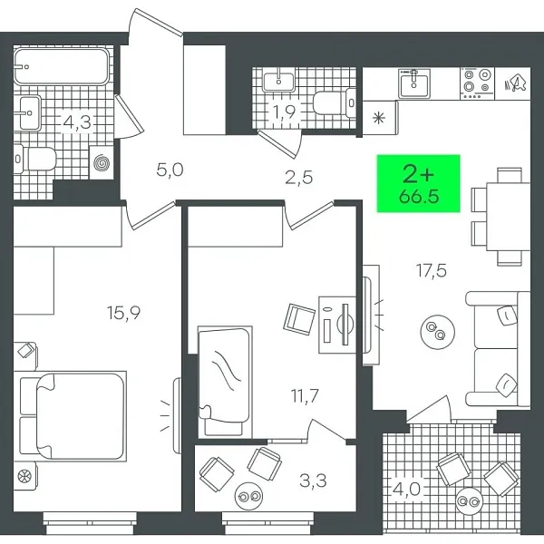 Новая 2-к квартира
 66.5 м² на 21/22 этаже в ЖК «Гранд Квартал» в городе Тюмень 