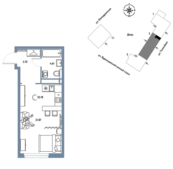 Новая квартира-студия
 32.18 м² на 6/9 этаже в ЖК «Страна.Тополёвая» в городе Тюмень 