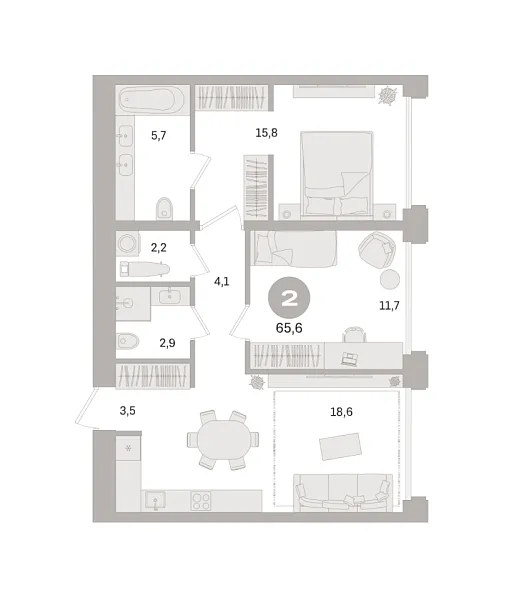Новая 2-к квартира
 65.6 м² на 2/6 этаже в ЖК «Дом «А»» в городе Тюмень 