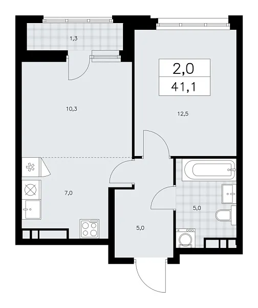Новая 2-к квартира
 41.1 м² на 11/14 этаже в ЖК «Дзен-кварталы» в городе Тюмень 