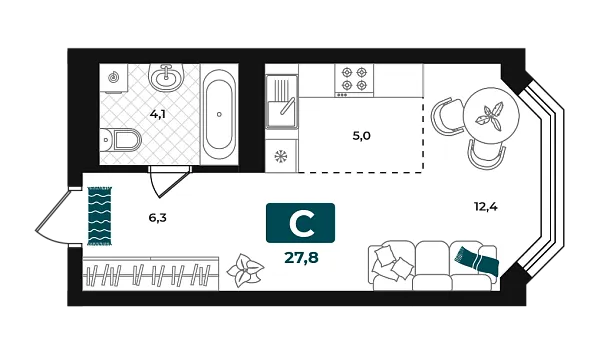 Новая квартира-студия
 27.8 м² на 10/23 этаже в ЖК «Добро» в городе Тюмень 