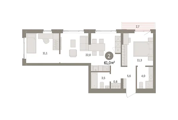 Новая 2-к квартира
 61 м² на 5/7 этаже в ЖК «Квартал «Траектория»» в городе Тюмень 