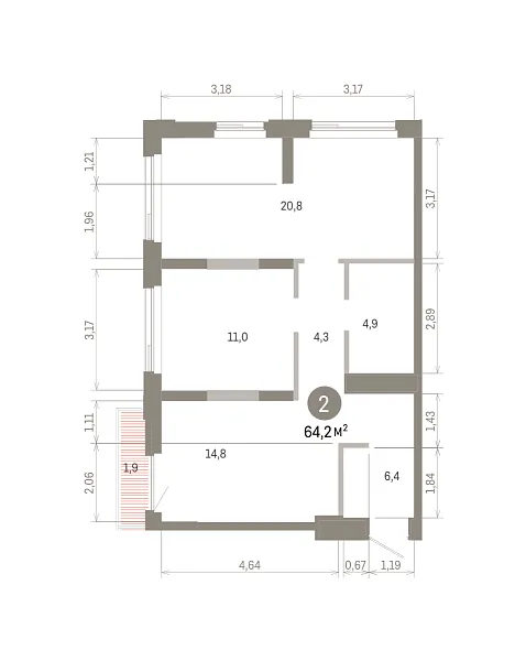 Количество комнат: 2,  64.19 кв.м.