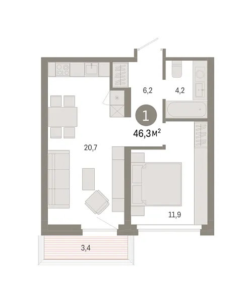 Новая 1-к квартира
 46.28 м² на 6/7 этаже в ЖК «Квартал Нефть» в городе Тюмень 