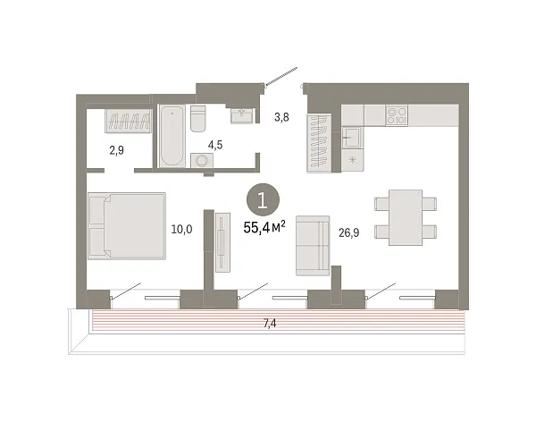 Новая 1-к квартира
 55.43 м² на 7/7 этаже в ЖК «Северный квартал» в городе Тюмень 
