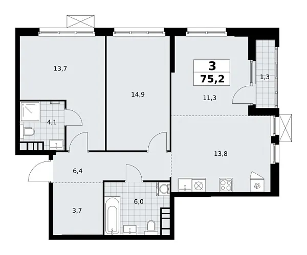 Новая 3-к квартира
 75.2 м² на 18/24 этаже в ЖК «Южные сады» в городе Тюмень 