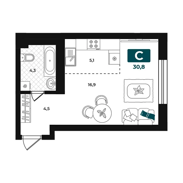 Новая квартира-студия
 30.8 м² на 15/23 этаже в ЖК «Добро» в городе Тюмень 
