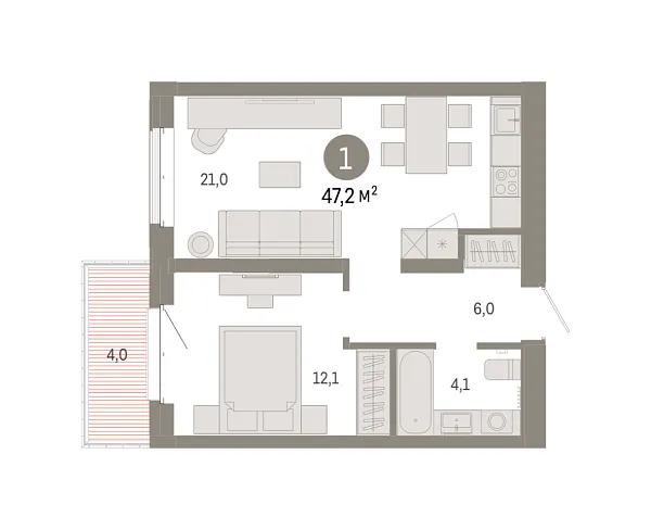 Новая 1-к квартира
 47.18 м² на 5/7 этаже в ЖК «Кварталы «На Минской»» в городе Тюмень 