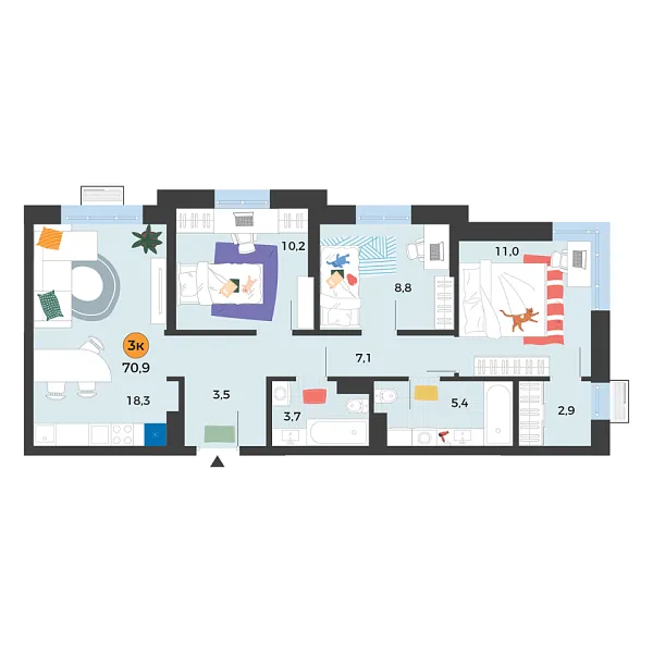 Новая 3-к квартира
 70.9 м² на 3/25 этаже в ЖК «Корней» в городе Тюмень 