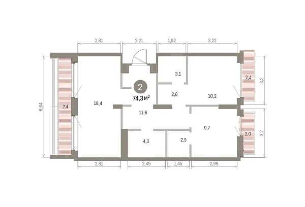 Количество комнат: 2,  74.32 кв.м.