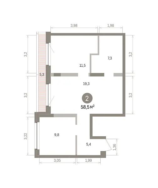 Количество комнат: 2,  58.47 кв.м.