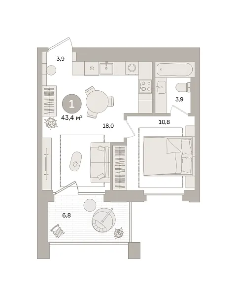 Количество комнат: 1,  43.4 кв.м.