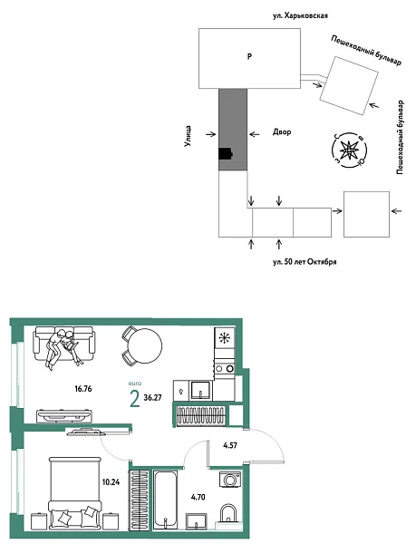 Новая 2-к квартира
 36.27 м² на 25/25 этаже в ЖК «Сердце Сибири» в городе Тюмень 