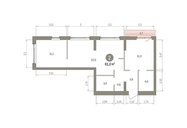 Количество комнат: 2,  61 кв.м.