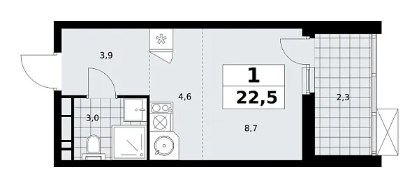 Новая 1-к квартира
 22.5 м² на 18/18 этаже в ЖК «Скандинавия» в городе Тюмень 