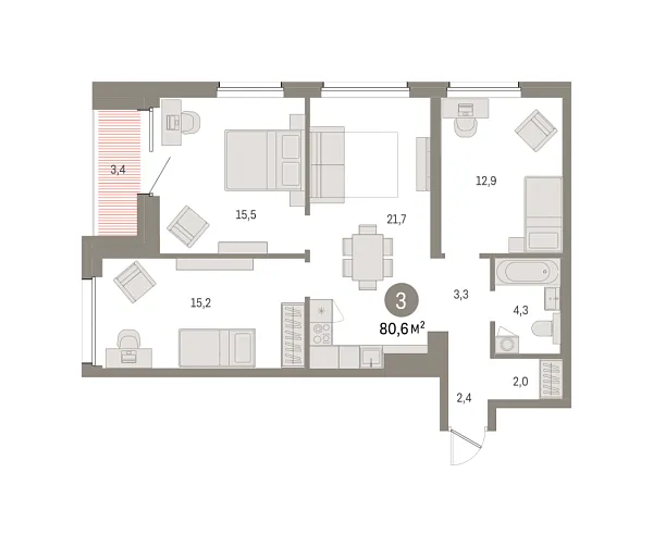 Новая 3-к квартира
 80.58 м² на 11/16 этаже в ЖК «Северный ветер» в городе Тюмень 