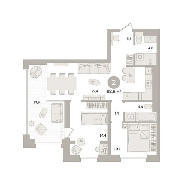 Новая 2-к квартира
 82.93 м² на 9/24 этаже в ЖК «Квартал «МОНС»» в городе Тюмень 