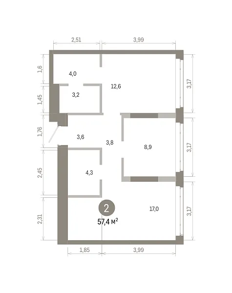 Количество комнат: 2,  57.4 кв.м.