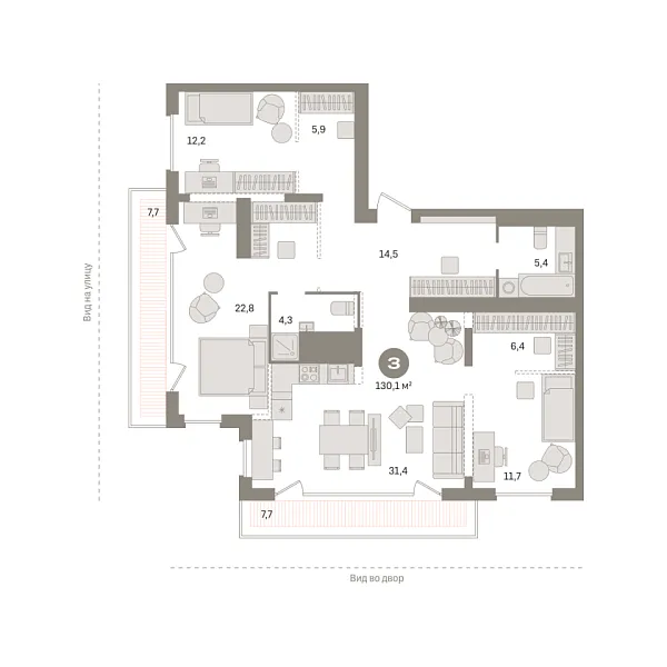 Новая 3-к квартира
 130.09 м² на 25/25 этаже в ЖК «Октябрьский на Туре» в городе Тюмень 