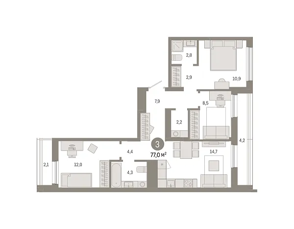 Новая 3-к квартира
 77 м² на 9/9 этаже в ЖК «Республики 205» в городе Тюмень 