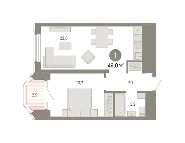 Новая 1-к квартира
 49 м² на 20/24 этаже в ЖК «На Некрасова» в городе Тюмень 