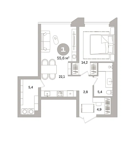 Новая 1-к квартира
 55.57 м² на 7/21 этаже в ЖК «Гоголя 21» в городе Тюмень 