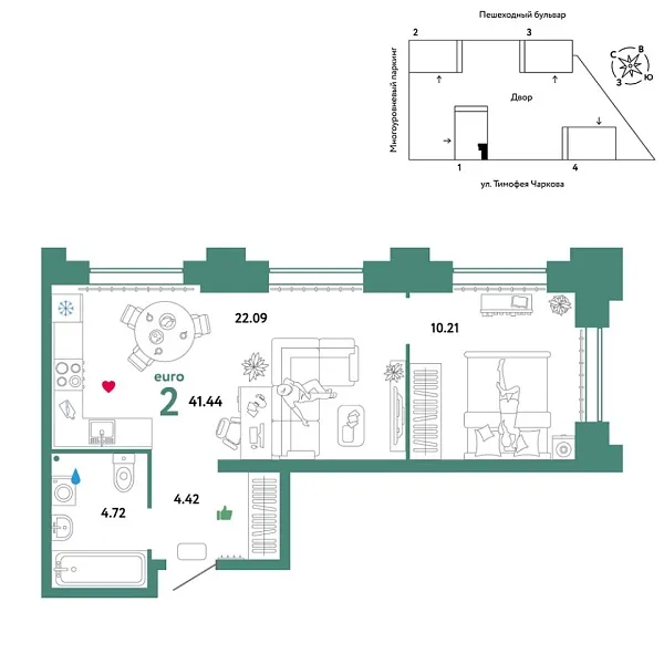 Новая 2-к квартира
 41.44 м² на 19/31 этаже в ЖК «Звёздный» в городе Тюмень 