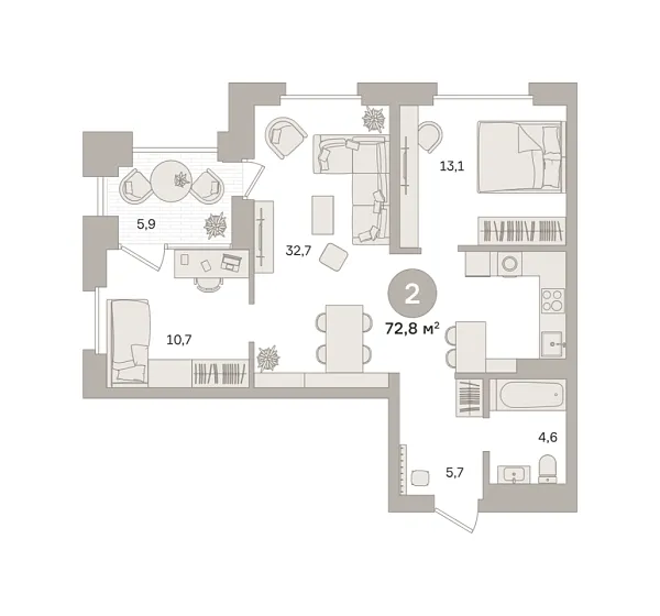 Новая 2-к квартира
 72.76 м² на 14/27 этаже в ЖК «Квартал «МОНС»» в городе Тюмень 
