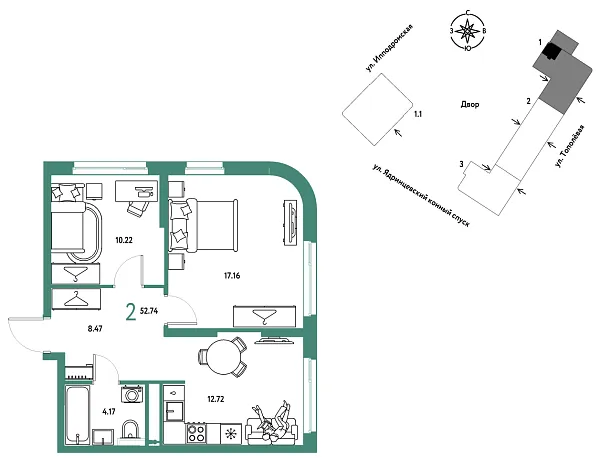 Новая 2-к квартира
 52.74 м² на 8/9 этаже в ЖК «Страна.Тополёвая» в городе Тюмень 