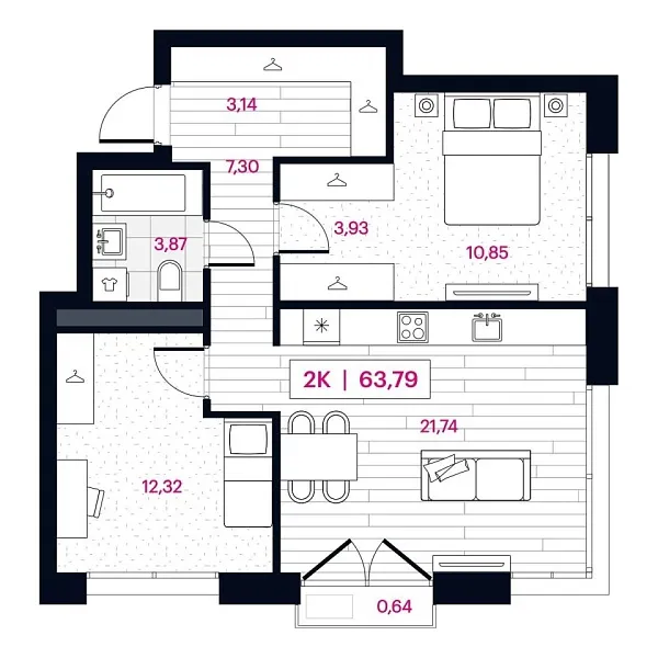 Новая 2-к квартира
 64.41 м² на 4/16 этаже в ЖК «Пушкина» в городе Тюмень 