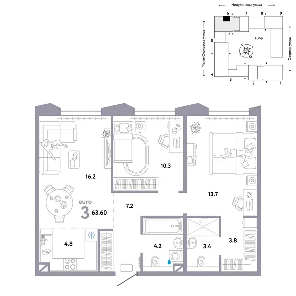 Новая 3-к квартира
 63.6 м² на 30/30 этаже в ЖК «Страна.Озёрная» в городе Тюмень 