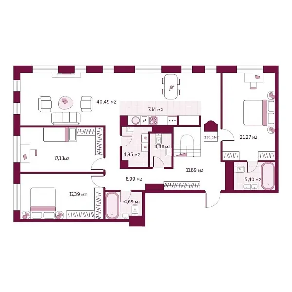 Новая 3-к квартира
 230.61 м² на 5/6 этаже в ЖК «Secret Place» в городе Тюмень 