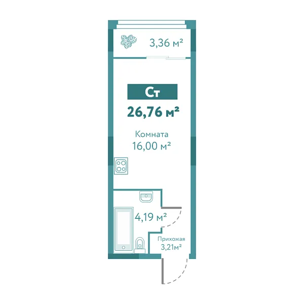 Новая квартира-студия
 26.76 м² на 1/10 этаже в ЖК «Акватория» в городе Тюмень 